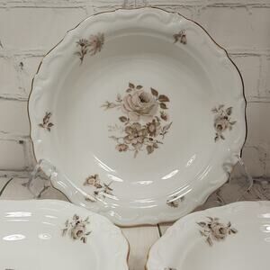 Winterling China Dawn Rose Pattern Rimmed 7.5" Soup Bowls w / Gold Trim Set of 5